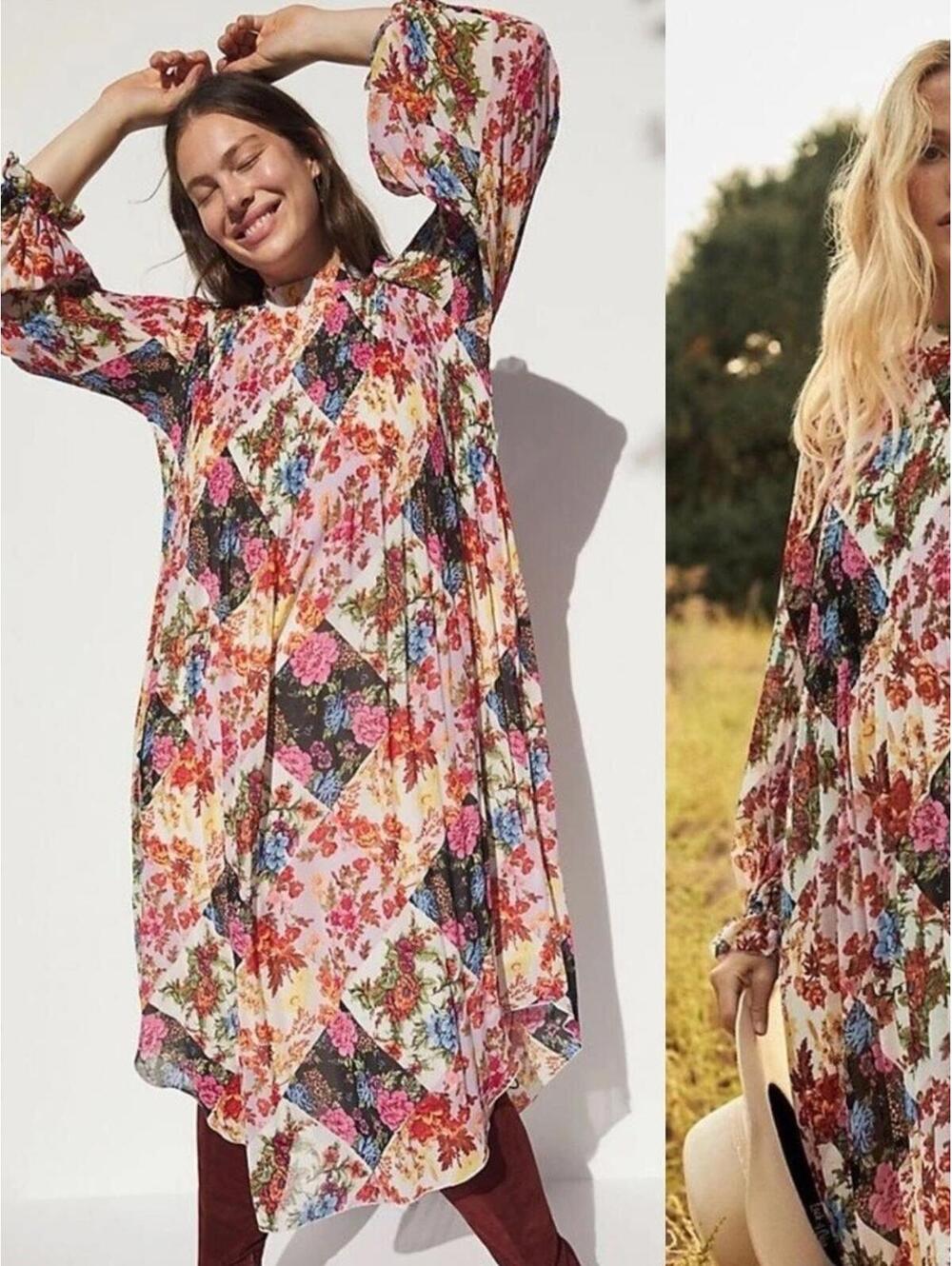 Anthropologie Shara Pleated Midi Dress S Floral Long Sleeve Boho